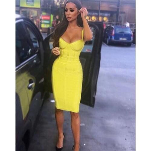 Free Shipping Hot Sale Ladies Summer Sexy V Neck Yellow Green Bandage Dress 2021 New Arrival Fashion Party Dress Vestido