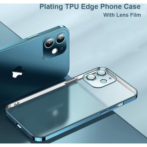 Plating Frame Phone Case For iPhone 11 Pro Max Clear Soft TPU Back Cover For iPhone 12 Pro Max 12 Mini Full Lens Protection Case