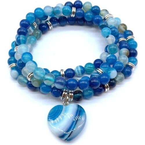 Natural Stone Beads Bracelets Elastic Bangle 74 cm Mala Yoga Jewerly With Heart Charms Jaspers Crystal Agates Drop Shipping