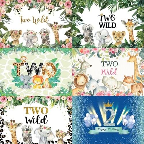 Two Wild Photo Backdrop Elephant Animal Jungle Safari Lion Happy Birthday Party Baby Shower Photography Background Decor Banner