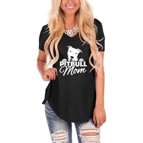 Pitbull Mom Dog Head Letter Print Loose Tshirt Female Harajuku V Neck Vintage T-Shirt Women Mother Day Gift Casual Tops