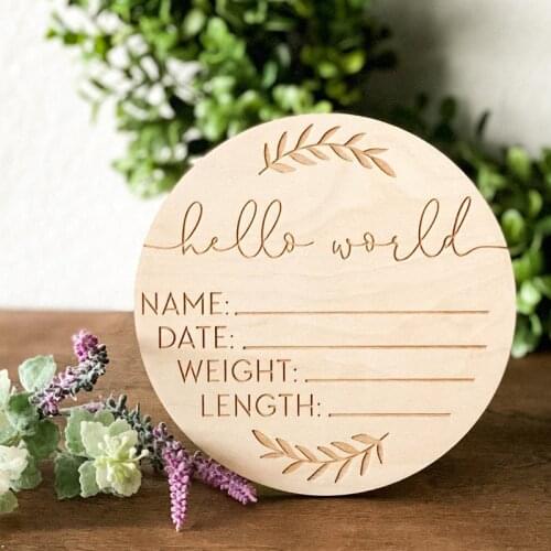Hello World Birth Announcement disc Customize Engraved wood Baby Name Sign Hospital Welcome Plaque Newborn Stats Nursery Decor