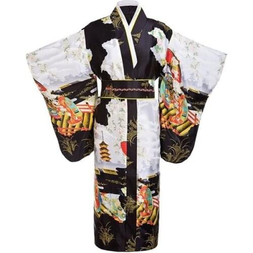 Black Woman Lady Japanese Tradition Yukata Kimono Bath Robe Gown With Obi Flower Vintage Evening Party Dress Cosplay Costume