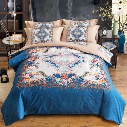 New Sanding 100% Cotton Printed Flower Bedding Set Cartoon Bed Sheet set Duvet Cover Pillowcase Queen King 4pcs blue brown