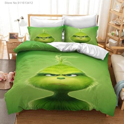 Green Monster Grinch Cartoon Bedding Set Duvet Cover Pillowcases Comforter Cover Bedlinen Bedclothes Twin Full Queen King Size