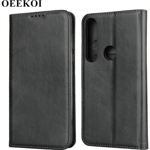 OEEKOI Calf Stripe Magnetic Snap Wallet Leather Case for Moto G8 Plus