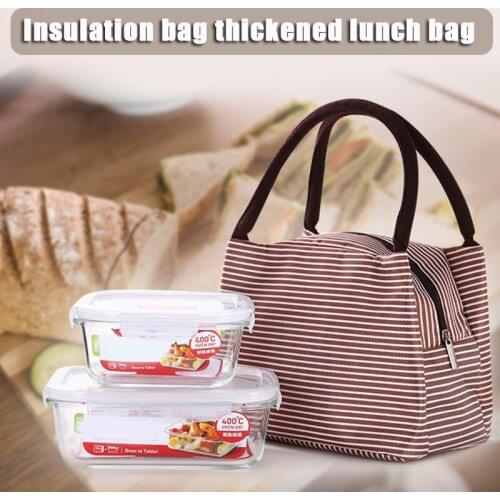 Hot Insulated Lunch Bag Reusable Tote Bag Stripes Lunch Boxes with Front Pocket Zipper Closure for Office Picnic Travel Outdoor