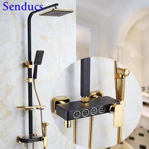 Matte Black Gold Thermostatic Hot Cold Bathroom Shower Set of Valve Thermostatic Mixer Four Water Outlet Modes Smart System