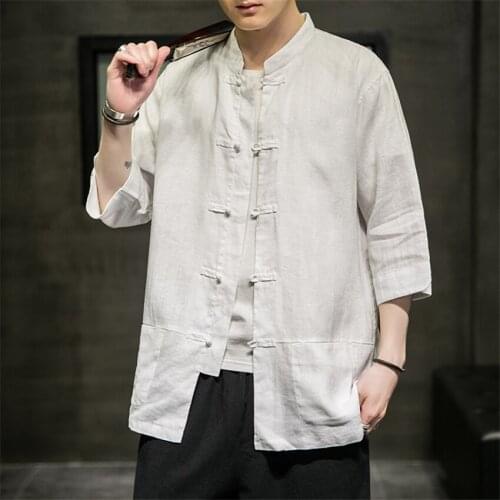 5XL Men Tang Suit Chinese Style Short Sleeve Fashion Shirt Solid Color Jacket Traditional Kung Fu Hanfu Shirt Plus Size Flax