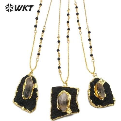 WT-N1166 Natural Stone Necklace Irregular Shape black tourmaline With Gold Electroplated Stone Bead Chain Fashion Necklace