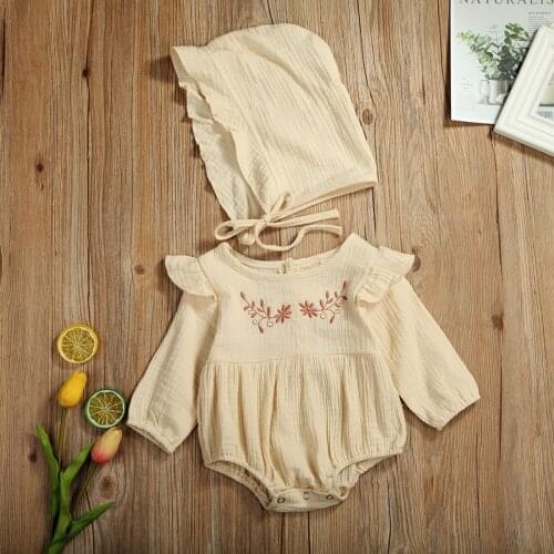 Pudcoco Newborn Baby Girl Clothes Solid Color Flower Knitted Cotton Long Sleeve Romper Jumpsuit Hat 2Pcs Outfits Clothes