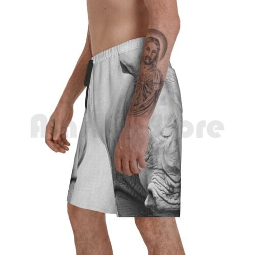 Rhino-Black & White Beach Shorts Men Beach Pants Swim Trunks Animal Animals Peekaboo Wild Wildlife Nursery Modern