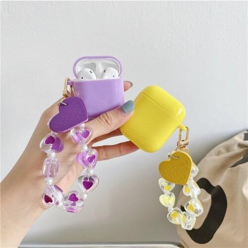 Cute Purple Color Earphone Cases for Airpods 2 1 Soft Candy TPU BLuetooth Cover for Airpods Pro Coque with Love Heart Bracelet