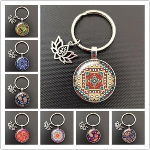 Buddha Statue Religion Buddhism Keychain OHM Om Aum Amulet Pattern Glass Pendant Keychain Ladies Keychain Gift