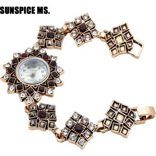 Vintage Turkish Women Square Bangle Watch Antique Gold Color Resin Bracelet Cuff Wrist Watch National Style Jewelry Period-Style