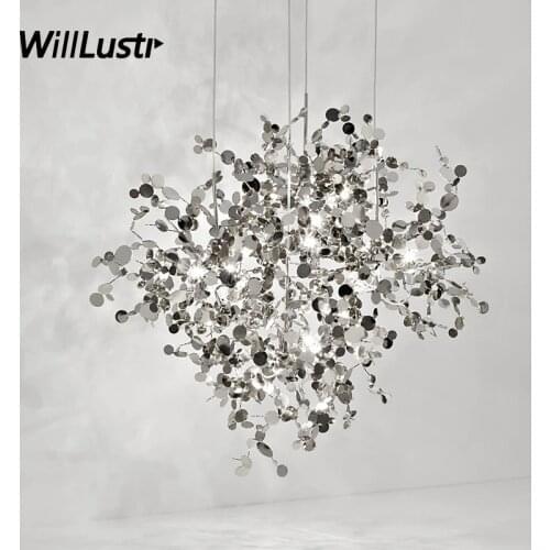 Willlustr stainless steel leaves pendant light argent lamp hanging lighting living dinning room restaurant hotel office