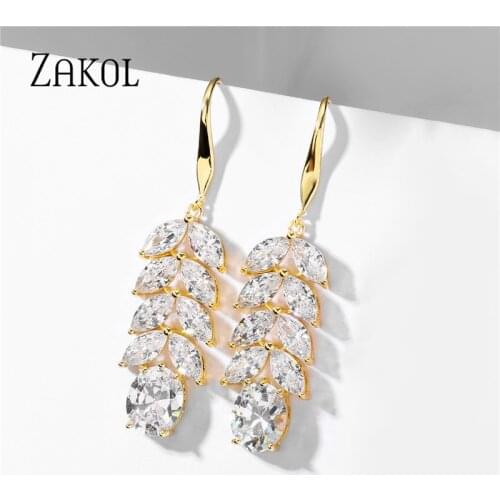ZAKOL Luxury High Quality AAA Clear Color Cubic Zirconia Leaf Hook Earrings for Women Wedding Engagement Party Jewelry