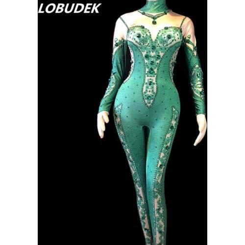 Green Glass-diamond Jumpsuit Stretch Leotard Crystals Bodysuit Women Party Sexy Stage Outfit Birthday Celebration Singer Costume