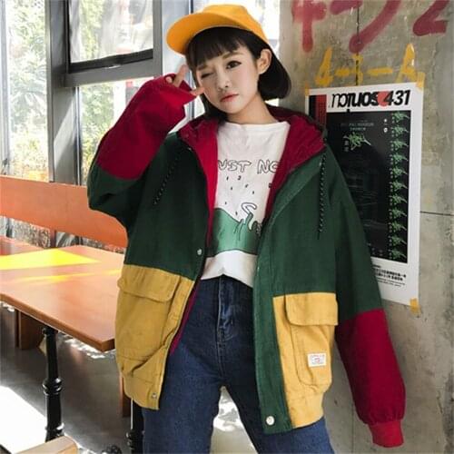 Spring and Autumn Womens Jacket color matching hooded corduroy jacket zipper button loose loose coat long-sleeved casual jacket