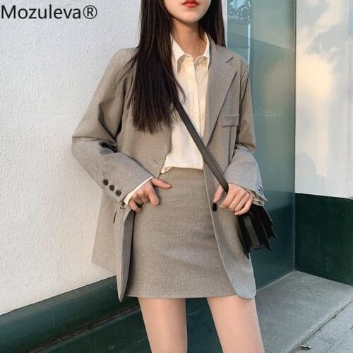 Mozuleva 2021 Retro Solid Blazer Set Single-breasted Jacket & Pencil Skirt 2 Pieces Skirt Suit Female Office Ladies Blazer Suit
