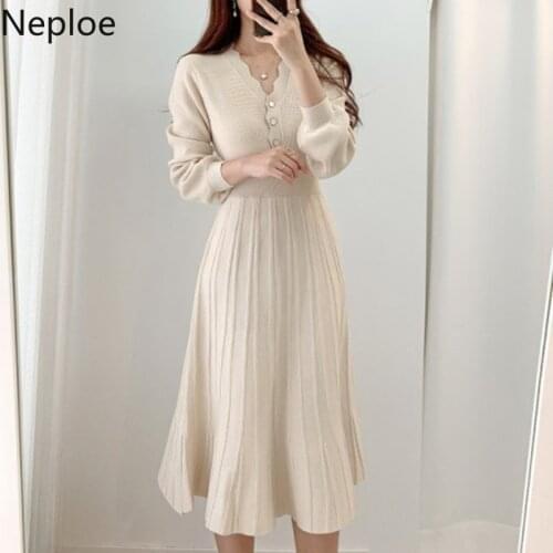 V Neck Long Sleeve Midi Dress Women Button Decreation High Waist A Line Slim Femme Robe 2021 Chic Knitted Solid Vestidos