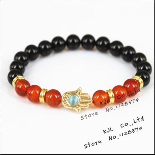 1pcs 2017 new fashion black/red agatestone beads bracelet natural beads bracelet with gold color buddha palm for female