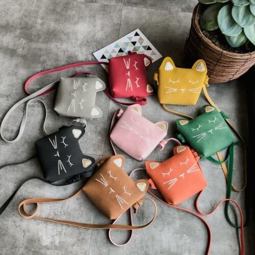 2018 New Shoulder Bag Kids Children Girls Embroidery Messenger Handbag Nubuck Leather Lovely Cat Purses