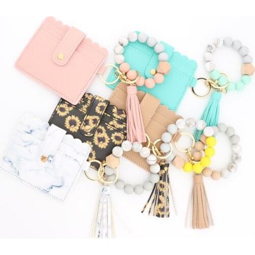 2021 Card Holder Tassel Elastic Wooden Silicone Beads Wristlet Bangle Keychain with Wallet Keyrings