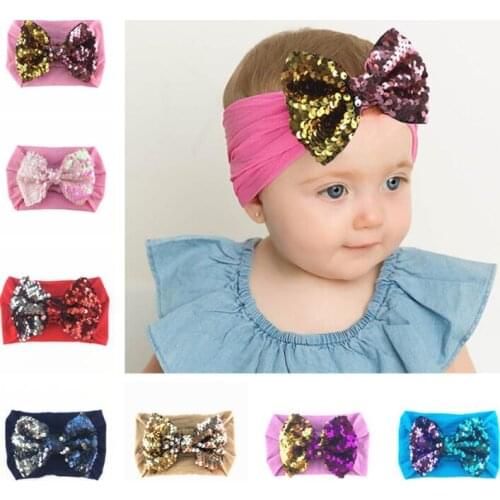 36pc/lot 4.2inch Reversible Mermaid Sequins Hair Bow With Nylon Headbands for Girls Pattern Flip Sequin Bows Turban Headwraps