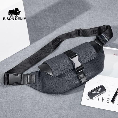 BISON DENIM Fashion Designer Men Fanny Pack Waist Belt Bag For Male Travel Small Waist Bag For Phone Pouch N20155-1B