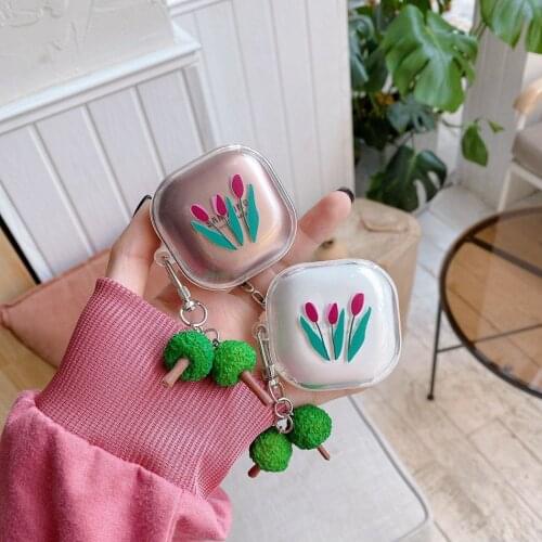 Cases For Samsung Galaxy Buds Live buds Pro Fashion Korea Flower Leave Keychain Transparent Silicone Earphone Case Cover Funda
