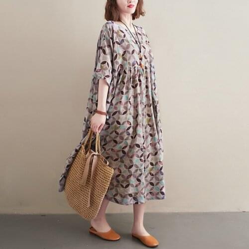 FairyNatural Ladies Casual Retro Summer Dress 2021 New Print 2 Colors O-neck Women Plus Size Loose Dresses Short Sleeve