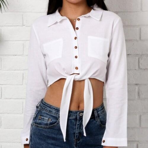 Casual Sunscreen Shirt Solid Color Sexy Short Blouse Single-Breasted Lace-Up Sports Womens Clothing