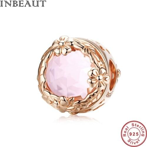 INBEAUT 100% 925 Sterling Silver Pink Zircon Rose Beads fit Brand Bracelet Rose Gold Autumn Daisy Flower Charms for diy Bangle