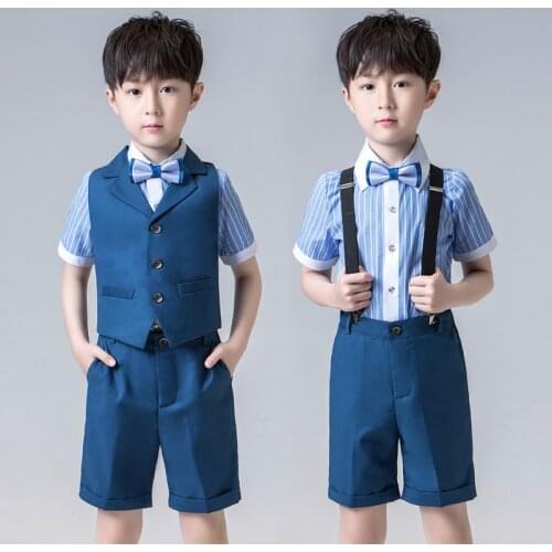 Kids Vest+Shirt+Shorts+Tie Clothing Set Flower Boys Wedding Tuxedo Dress Gentleman Formal Party Suit Children Graduation Costume