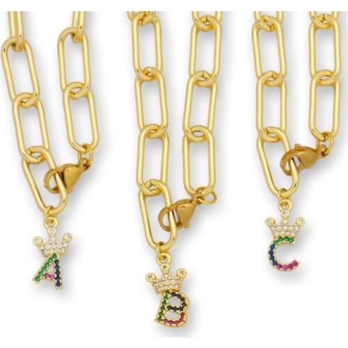Colorful Crown Initial Name Necklace for Women Gold 26 Alphabet Fashion Jewelry Gift CZ Rainbow Letter Necklace collar iniciales