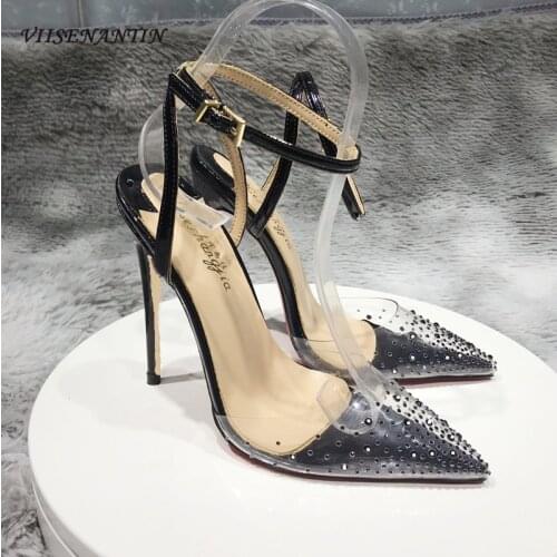 Summer new fairy style transparent rhinestone pointed toe stiletto buckle all-match high-heeled sandals