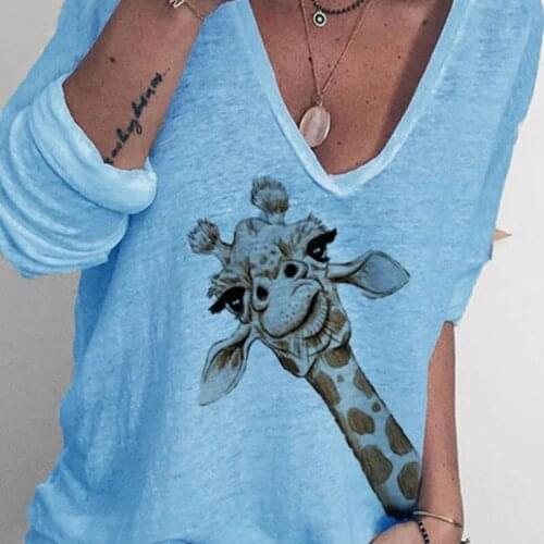 Cute Giraffe Print Shirt Casual Solid Color V-neck Long Sleeves Tops Loose Women T Shirts Plus Size 5XL 2021 Fashion Y2k Top