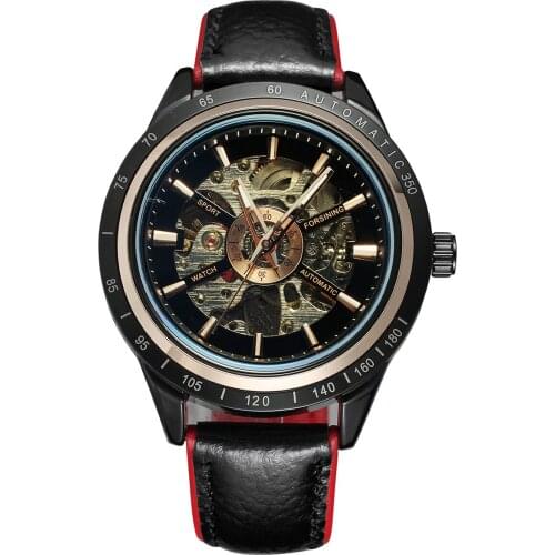 Forsining Motorcycle Design Transparent Genuine Red Black Belt Waterproof Skeleton Men Automatic Watches Top Brand Clock Gift