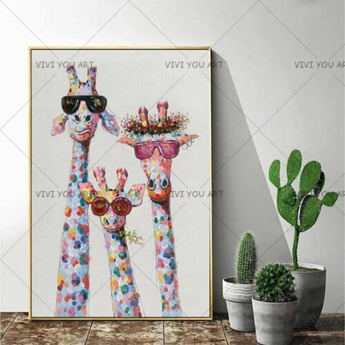 Newest Handpainted Colorful Oil Animal Giraffe A family With Glasses Painting Canvas Picture Canvas wall Art For Kid’s Room