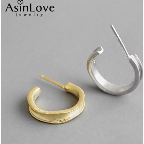 AsinLove Real 925 Sterling Silver Hoop Earrings INS Style Irregular Concave Brushed Earrings for Women Fine Jewelry Fashion Gift