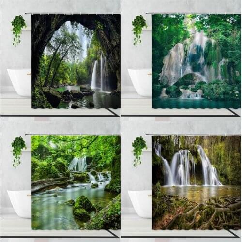 Natural Scenery Waterfall Shower Curtains Summer Forest Landscape Bathroom Decor Accessories Waterproof Bath Curtain With Hooks