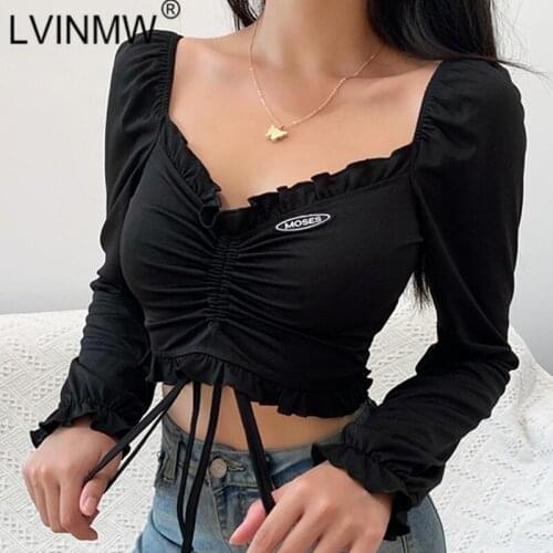 LVINMW Sexy V Neck Long Sleeve Ruffles lace Up Pleated Labeling Black Crop Top Woman tshirts Fashion Solid Tops Streetwear