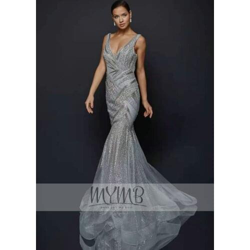 Sparking Dubai Grey Evening Wear Dresses Formal V Neck Fitted Hand Beaded Vintage Long Mermaid Evening Gowns For Women Celebrity