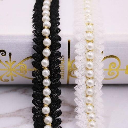 1 Yards/Lot Vintage Nylon Gold Pearl Beaded Lace Ribbon Trim African Lace Fabric Embroidered Handmade Costume Dress Skirt Sewing