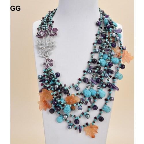 GuaiGuai Jewelry 20" 6 Strands Pearl Garnet Agate Amethyst Gems Stone Necklace CZ Pendant