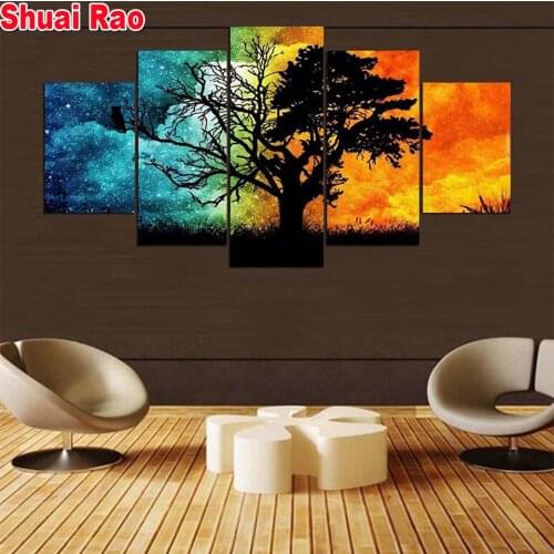5 Pieces Abstract tree diamond embroidery 5d diy diamond painting night scenery mosaic daimond art,Multi-pictures decor gift
