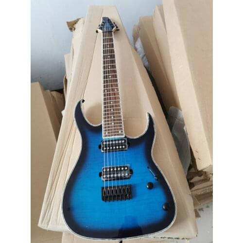 7 Strings Blue body Electric Bass Guitar with Flame Maple Veneer,Neck through body,Black Hardware,offer customized