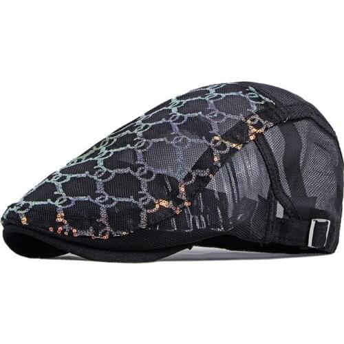 Summer Breathable Mesh Berets Hats Men Color Sequins Newsboy Cap For Women Painter Cap Solid Flat Peaked Herringbone Hat Unisex