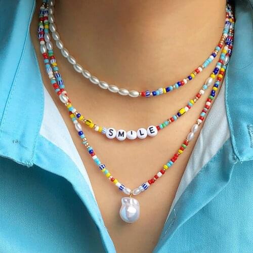 Boho Colorful Beaded Necklace Choker Freshwater Pearl Necklaces For Women Letter Charm Trendy Summer Beach Jewelry Gift